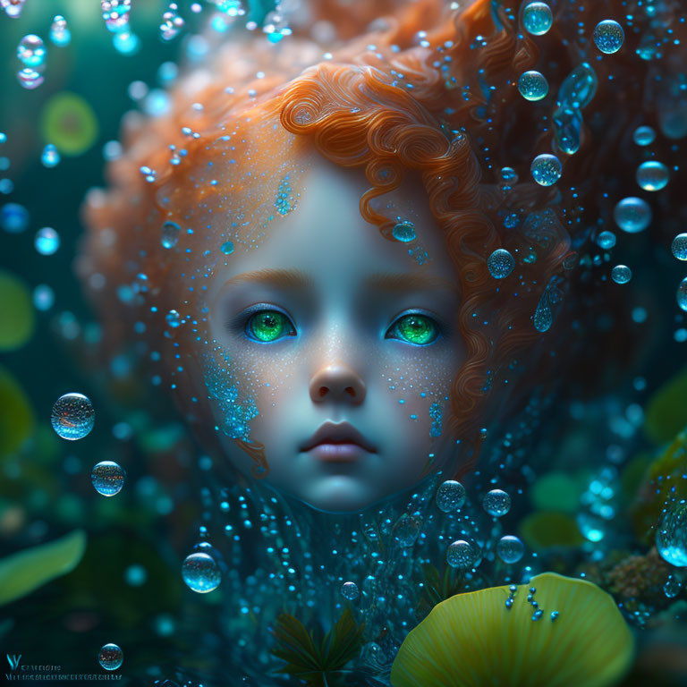 Child's Face with Green Eyes Surrounded by Water Droplets and Aquatic Flora