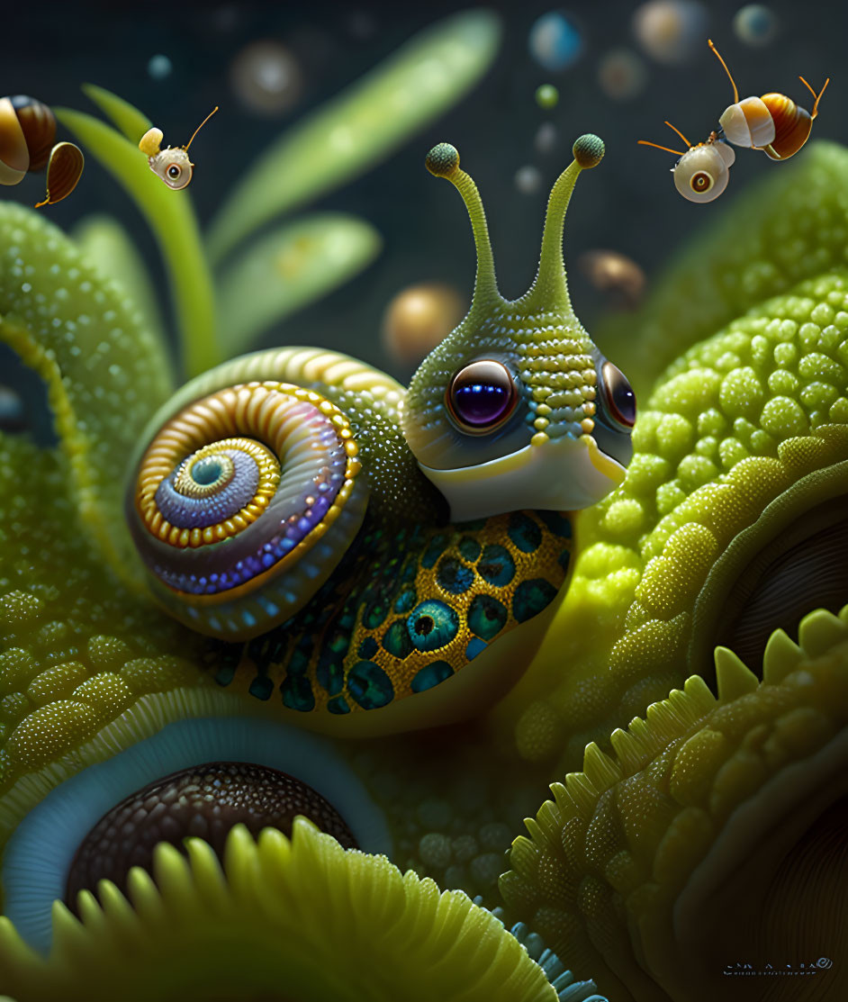 Colorful Snail Artwork with Expressive Eyes in Fantasy Setting