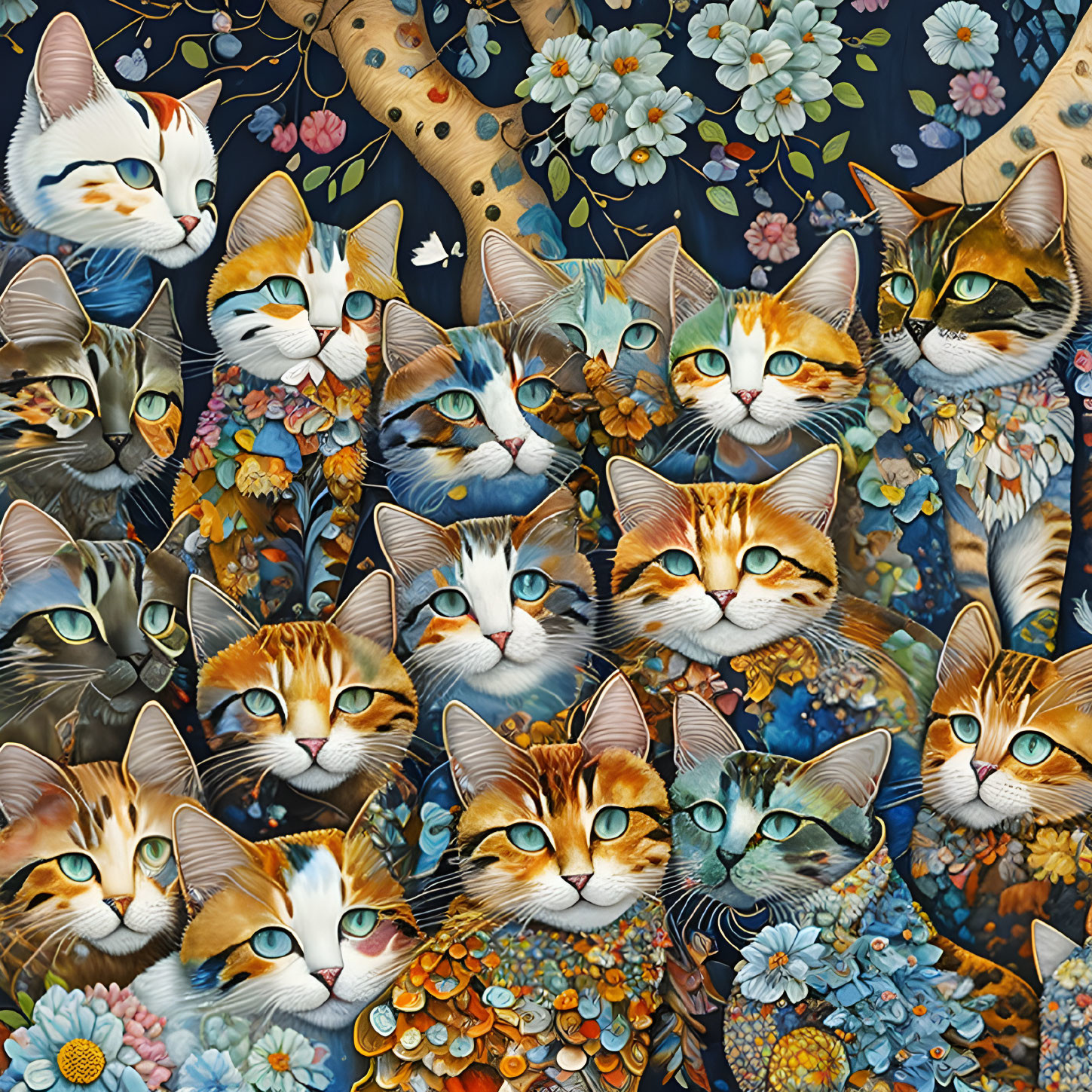 Vibrant illustrated cats with floral motifs on dark background