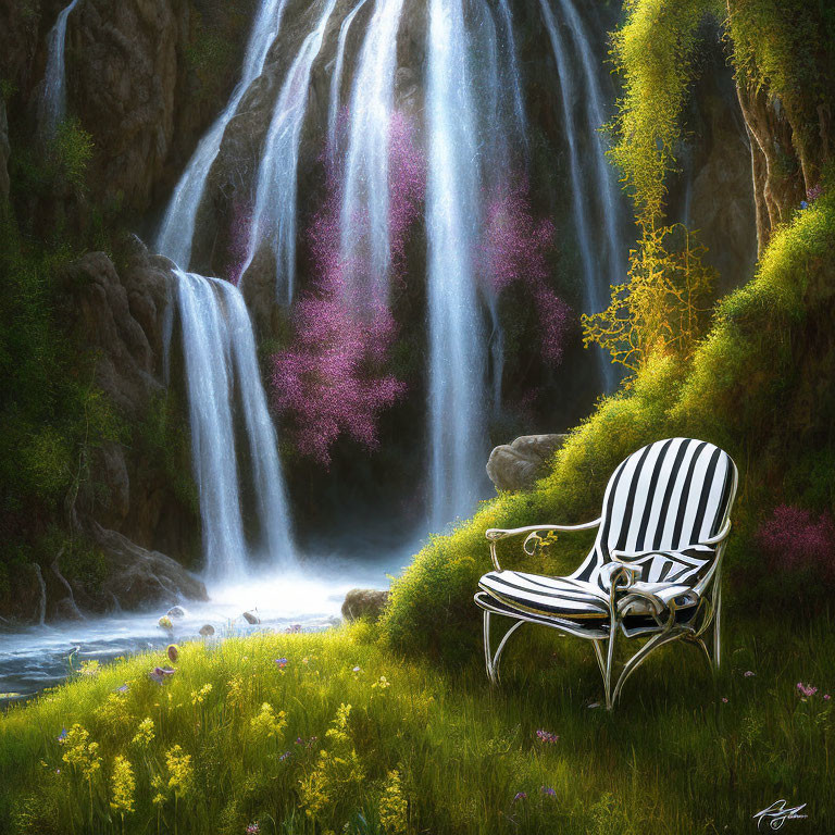 Tranquil waterfall scene with lush greenery and flowers around a solitary chair