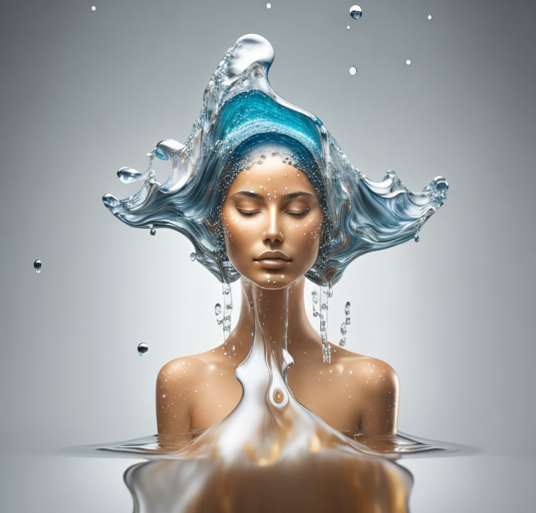 Surreal image: Woman's head emerges from water with frozen droplets creating splash crown.