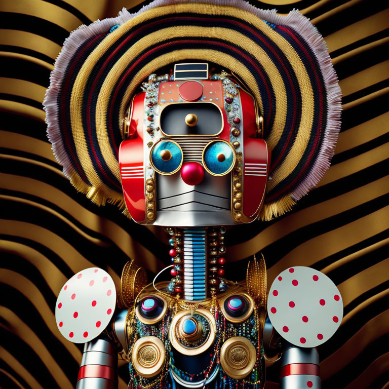 Colorful Decorated Robot with Camera Head on Swirly Background