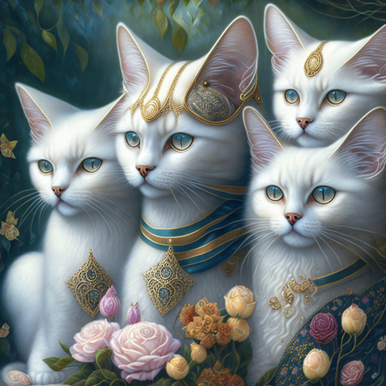 Four white cats with blue eyes in Egyptian-style accessories among greenery and pink roses