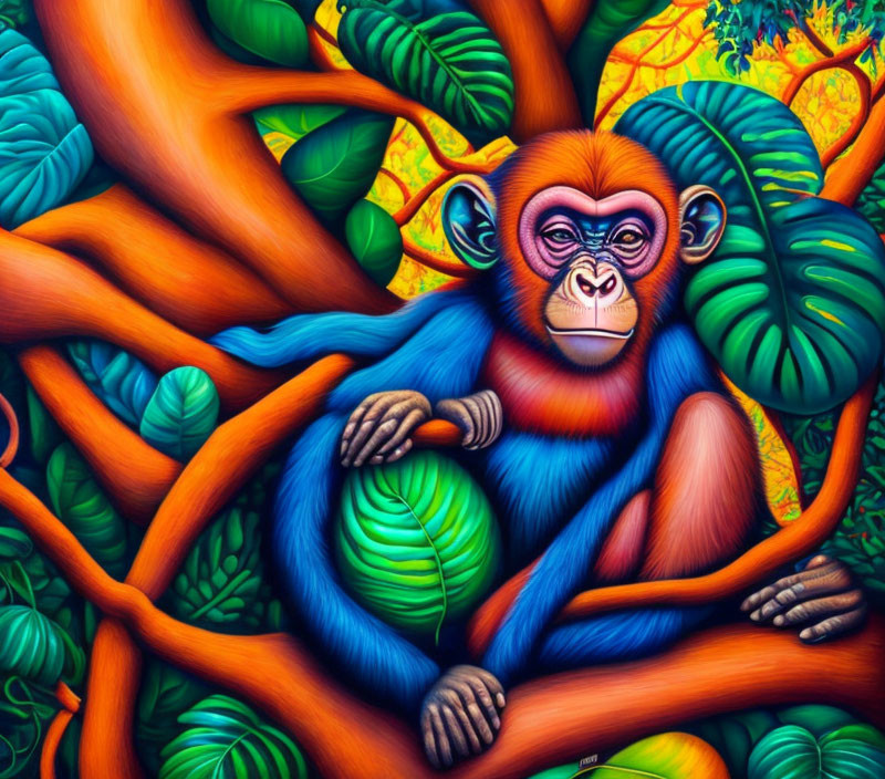 Colorful Monkey Painting Among Lush Foliage