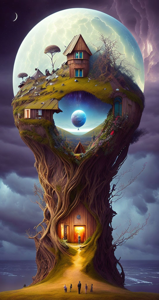 Fantasy artwork of tree with houses and moonlit sky