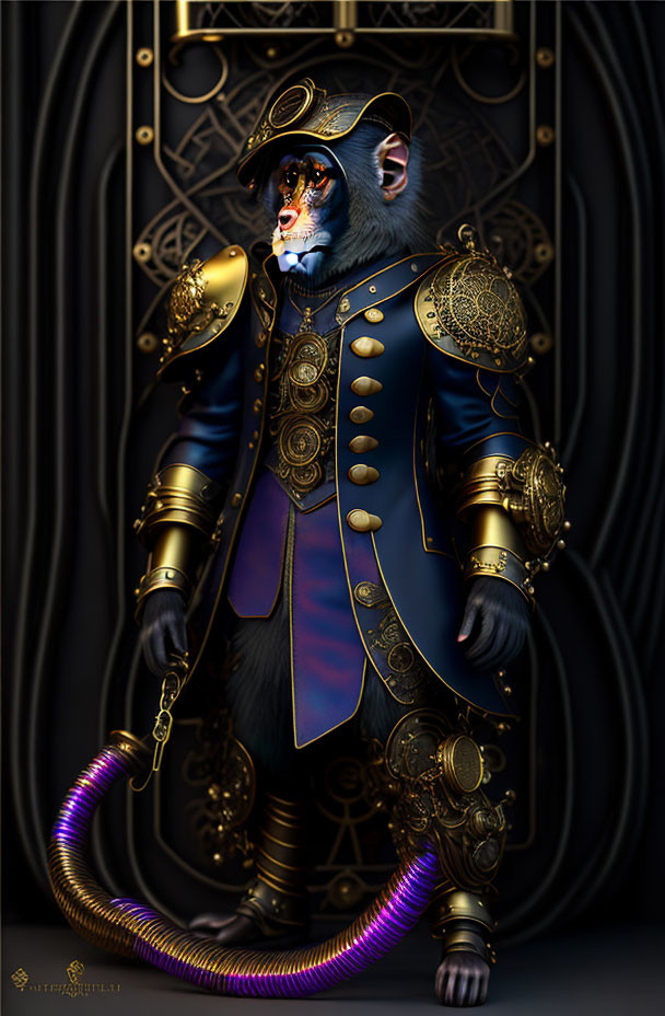 Intricately adorned monkey in navy and gold uniform with monocle, standing by dark metallic door