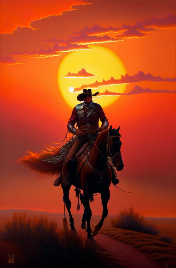 Cowboy on horseback riding towards large setting sun.