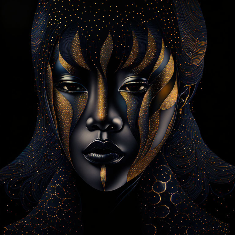 Dark-skinned woman with gold celestial patterns on face, split segments, black background.