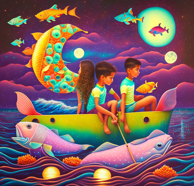 Children fishing on boat in fantastical sea with multiple moons.