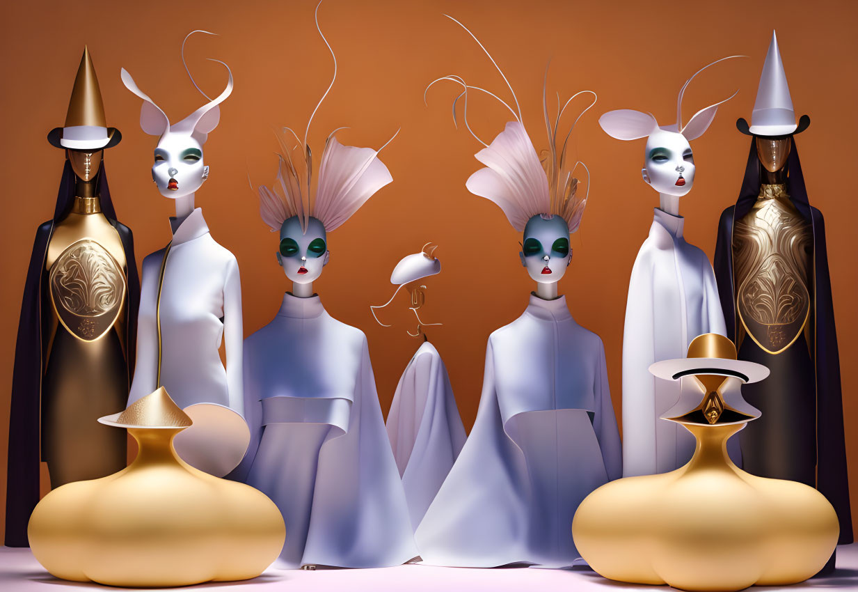 Stylized female figures with elongated necks and ornate headwear on orange backdrop