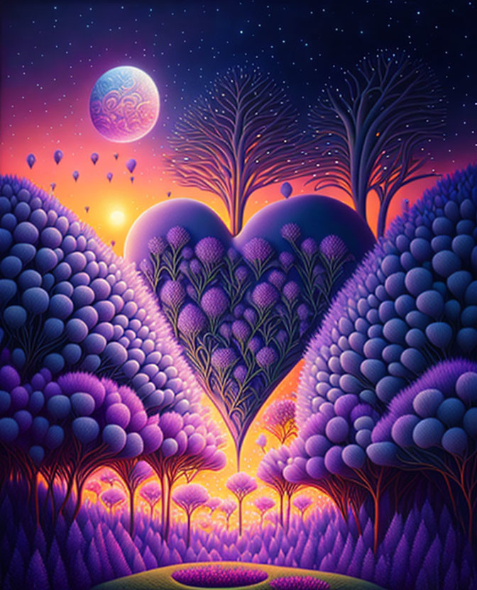 Fantasy landscape with heart-shaped trees, starry sky, moon, hot air balloons, and gradient