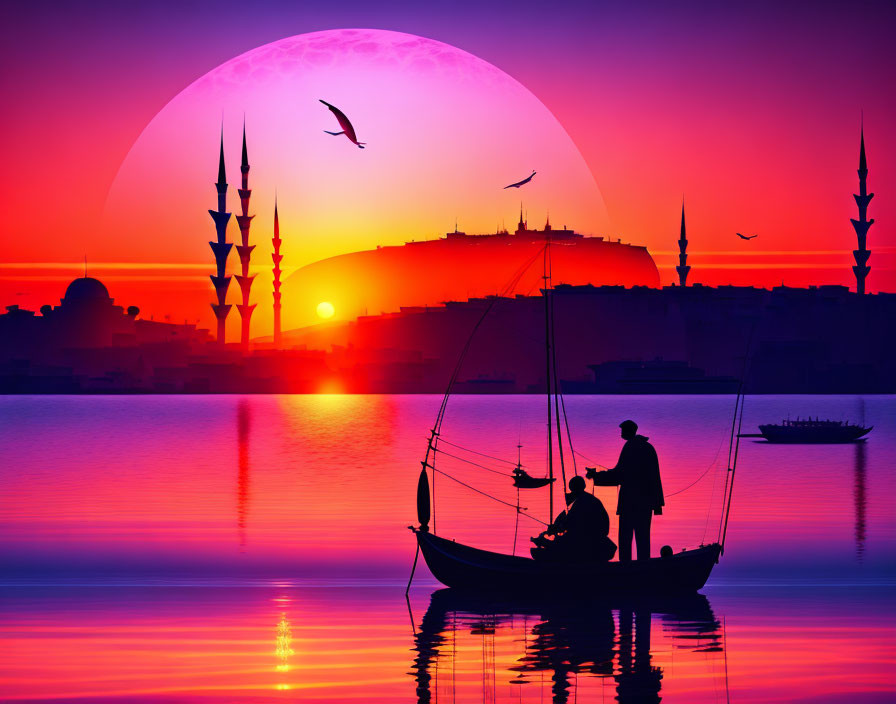 Scenic sunset with mosque minarets, sun, bird, and fishermen