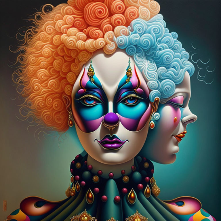 Colorful dual-faced woman with elaborate makeup and jewelry