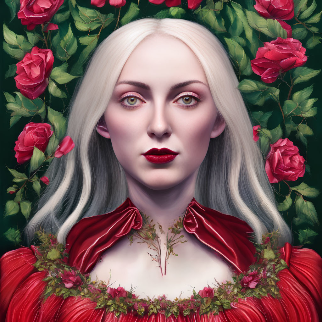 Portrait of a pale woman with white hair and red lips among red roses