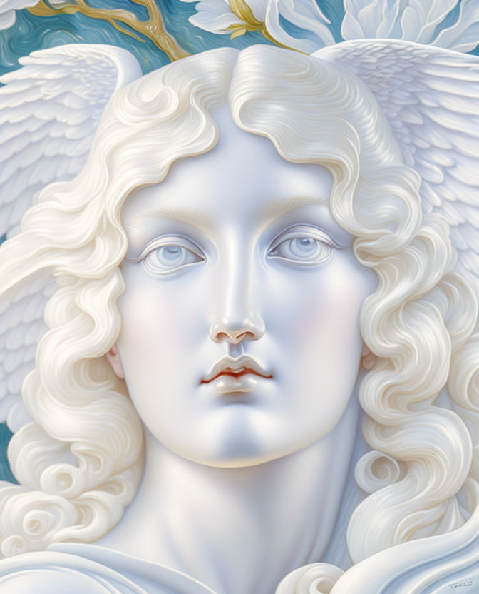 Illustration of serene figure with curly hair, blue eyes, and angelic white wings on soft blue