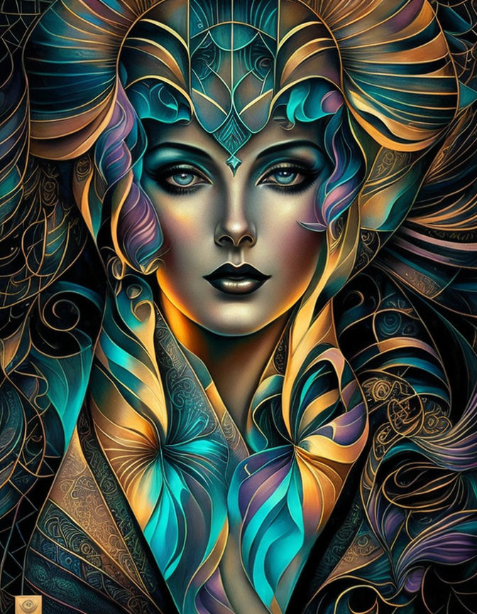 Colorful digital artwork: Woman with ornate headdress in blue, gold, teal