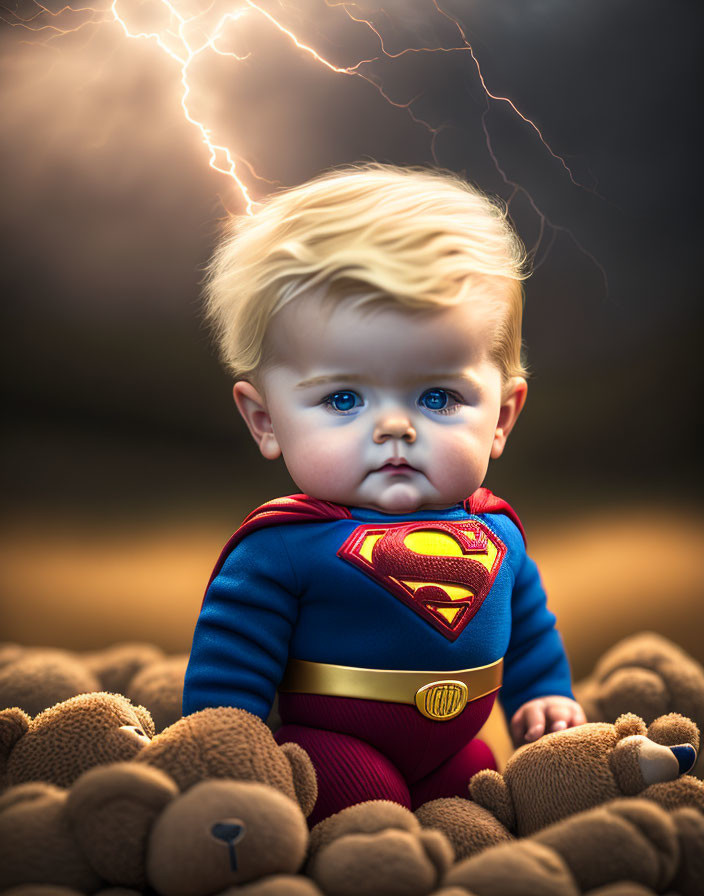 Toddler in Superman costume with teddy bears and lightning background