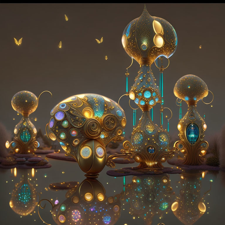 Fantastical golden mushroom structures illuminated by blue lights, reflected on glassy surface, with floating golden