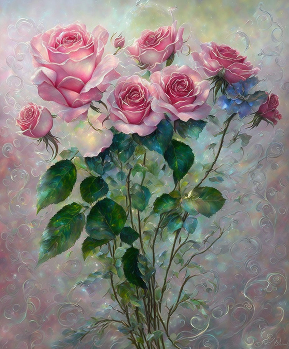 Vibrant pink roses with green leaves on pastel background.