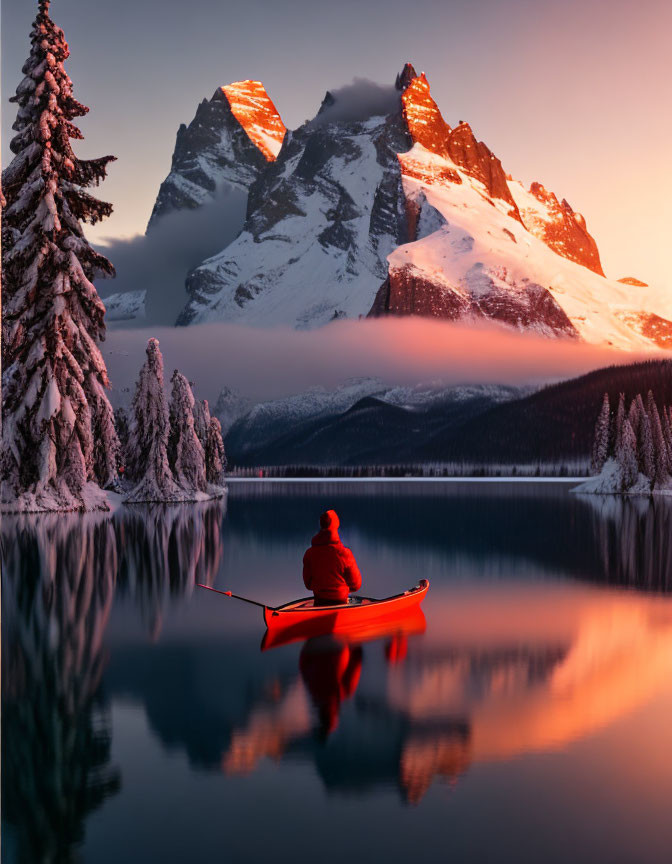 Red kayak on tranquil lake with snow-covered mountains at sunrise or sunset