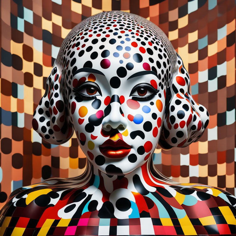 Digital artwork: Person with polka dot makeup and outfit on checkered background