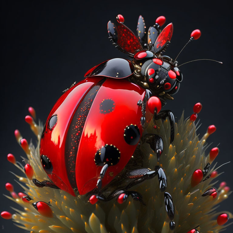 Detailed 3D rendering of ladybug on vibrant flower