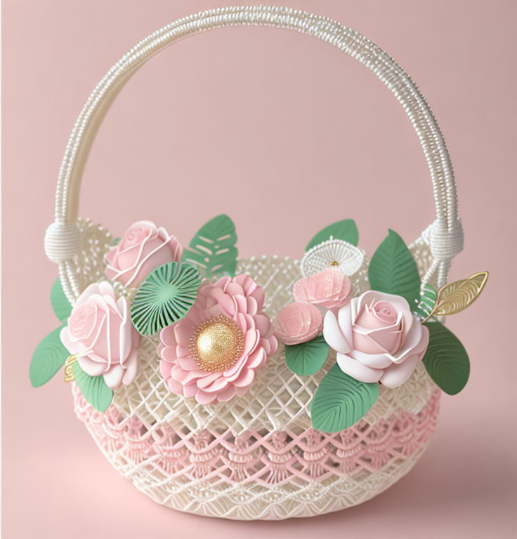 White Wicker Basket with Pink and White Paper Flowers on Pink Background