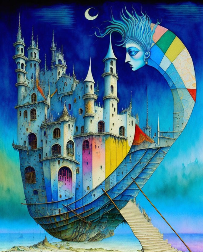 Colorful Castle on Boat Hull Merging with Woman's Face under Crescent Moon