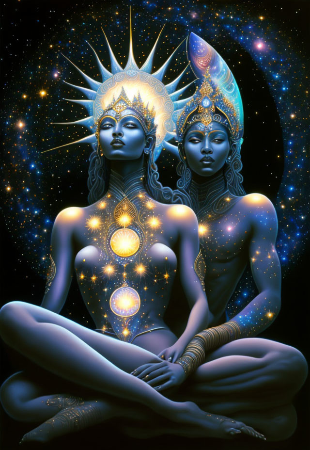 Mystical figures in meditation with luminous bodies and cosmic background