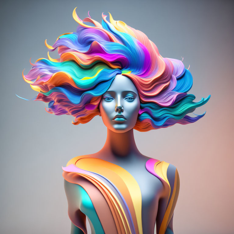 Colorful 3D Female Figure with Multicolored Hair on Grey Background