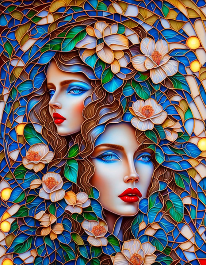 Two women with blue eyes and red lips, hair intertwined with white flowers on blue background