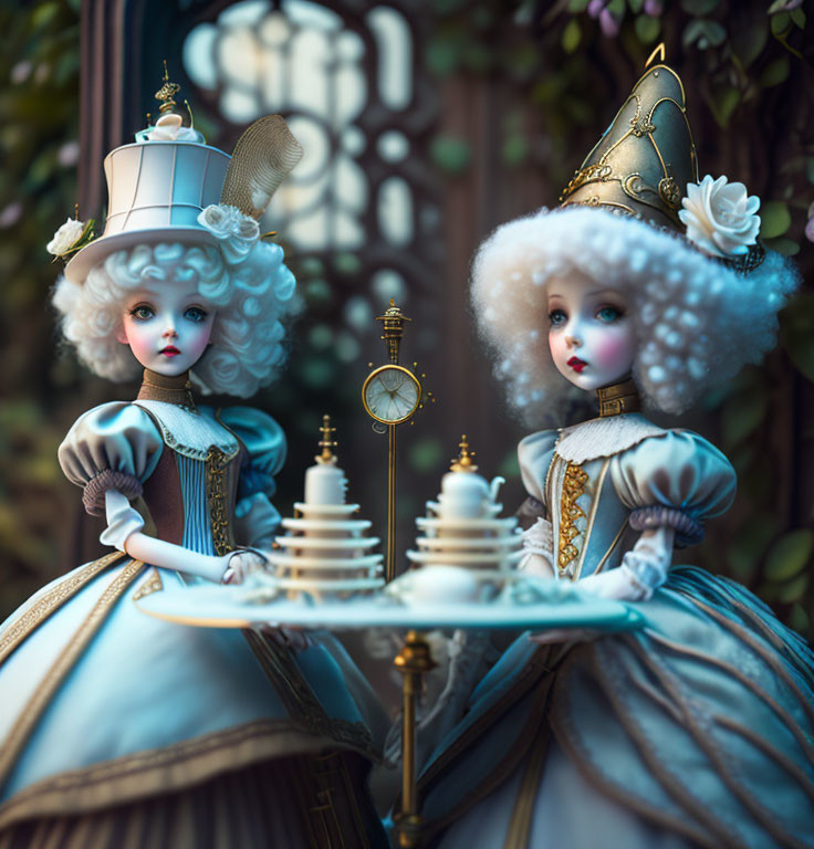 Porcelain dolls in baroque attire with tea set and vintage clock