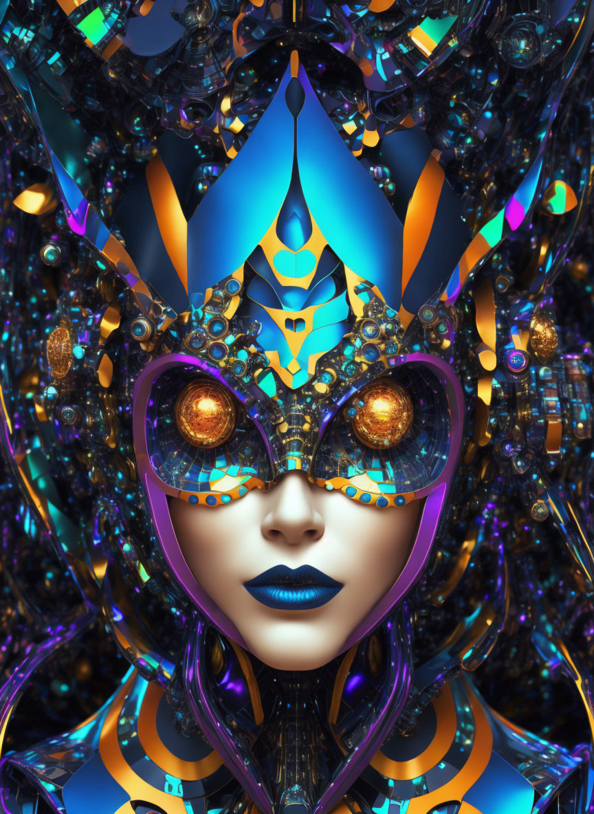 Detailed humanoid figure with futuristic mask in vibrant colors among intricate machinery