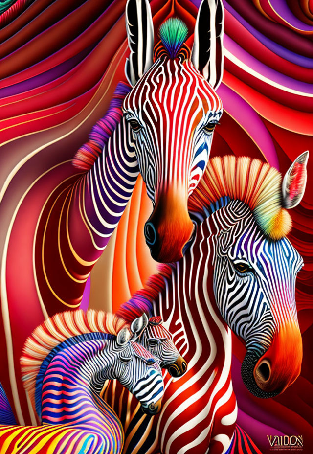 Colorful Digital Artwork: Zebras with Multicolored Stripes on Abstract Warm Background