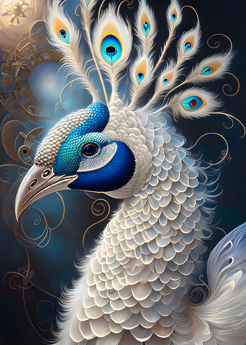 Vibrant blue feathered peacock with eye spots on tail, against dark background with golden fil