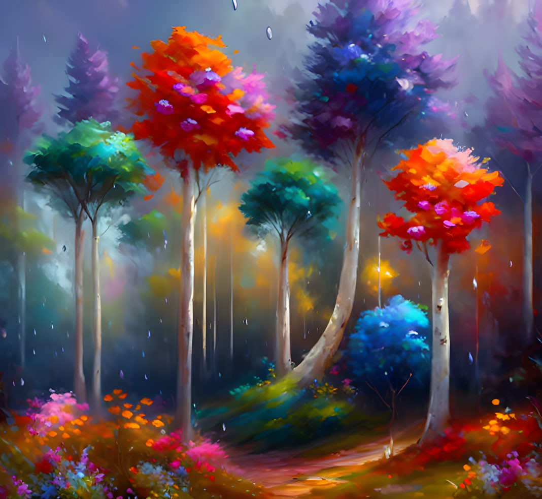 Colorful Trees in Mystical Forest with Soft Glowing Light