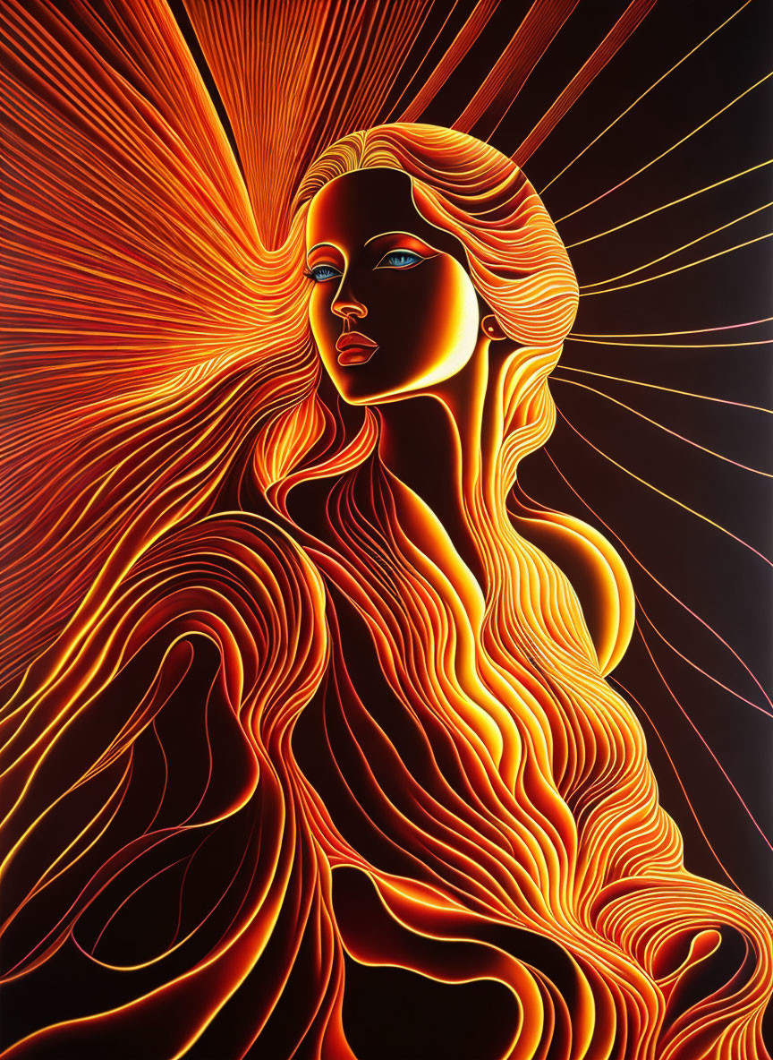 Woman with Flowing Red and Orange Hair in Fiery Illustration