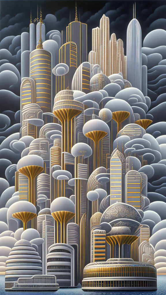 Futuristic skyscrapers in digital cityscape with stylized gray clouds