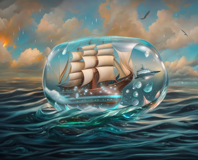 Surreal artwork of ship in transparent bubble on ocean with rain and seagulls