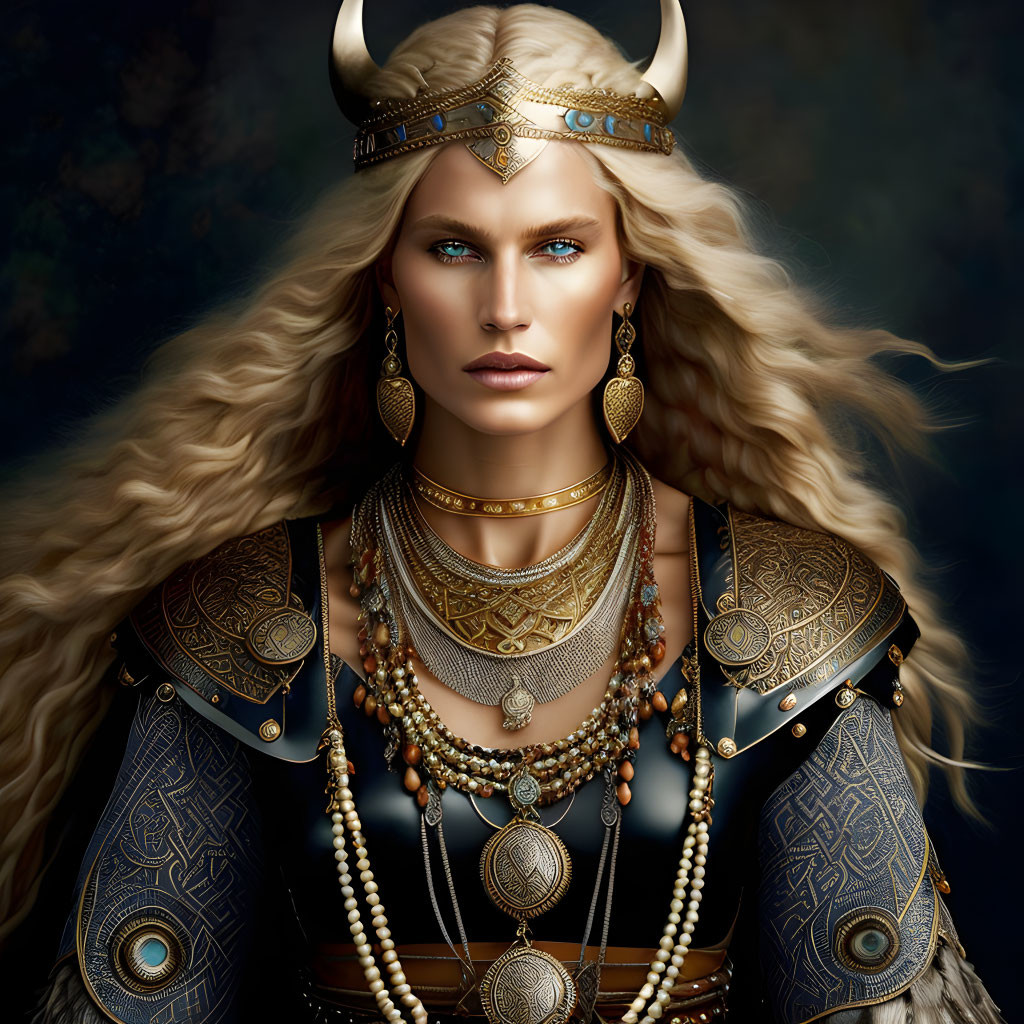 Blonde woman in Viking helm and ornate armor