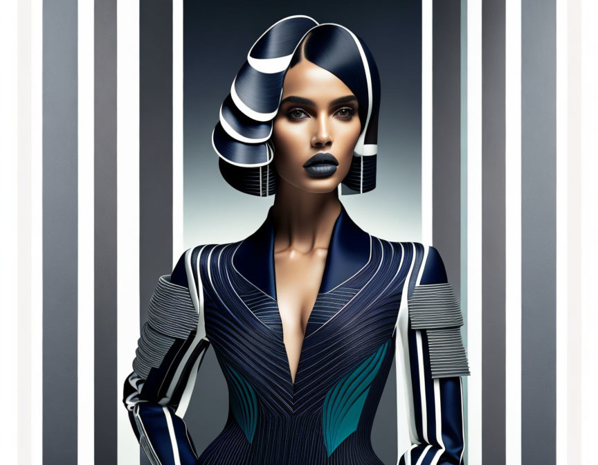 Stylized woman with futuristic hairstyle and bold makeup in geometric-patterned outfit against striped background