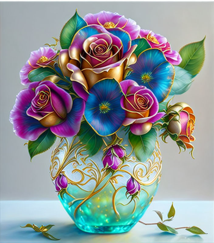 Colorful Digital Artwork: Bouquet of Roses in Teal Vase