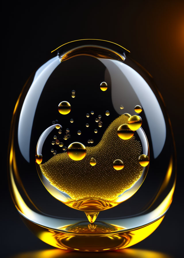 Spherical glass container with gold and black bubbles in clear liquid on dark background