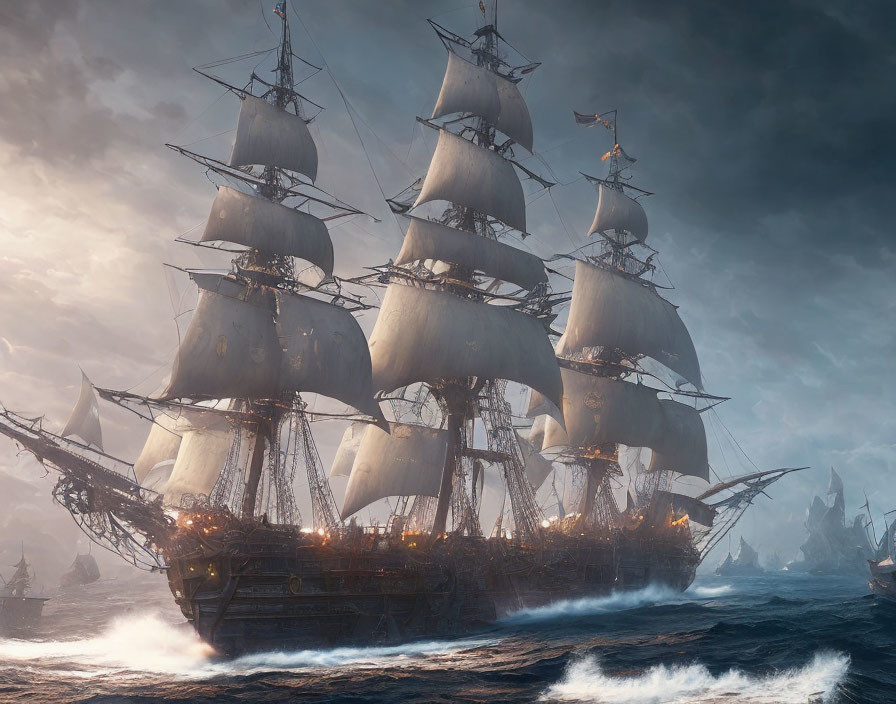 Tall Ship Sailing in Turbulent Seas with Dramatic Sky