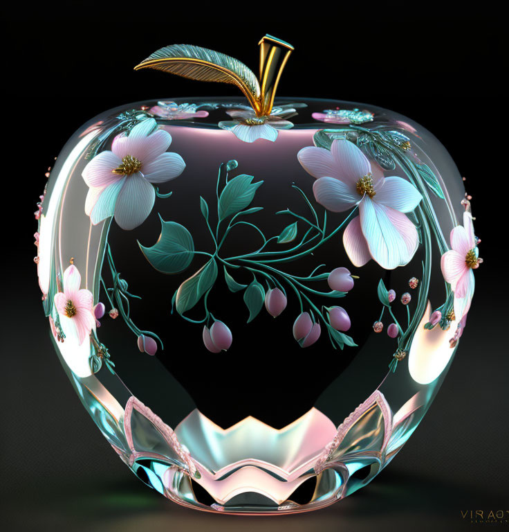 Glass apple sculpture with floral designs and gold accents on dark background