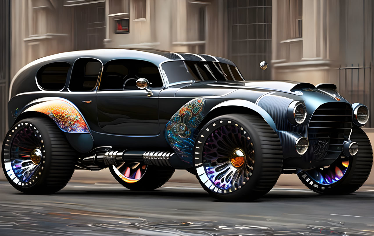 Futuristic black car with colorful illuminated wheels on city street