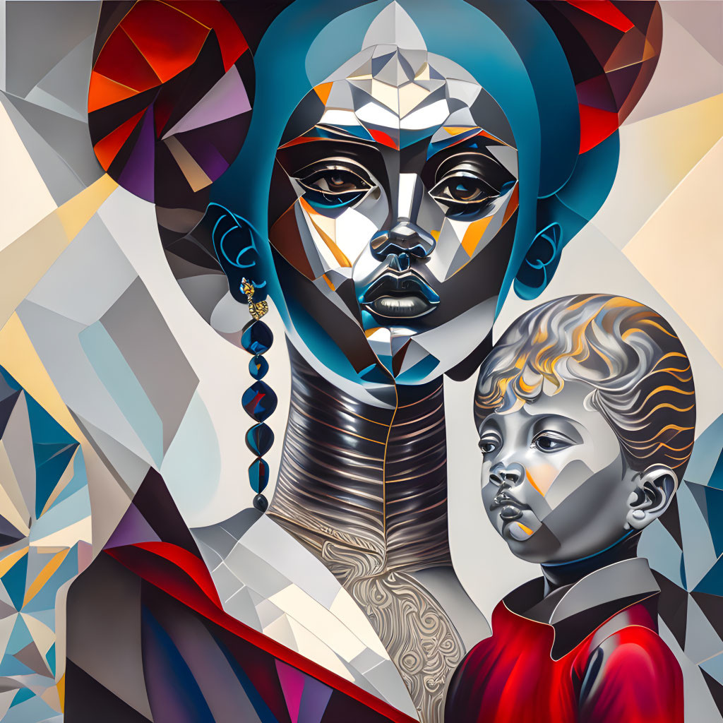 Colorful Geometric African Woman and Child Portrait with Cultural Patterns