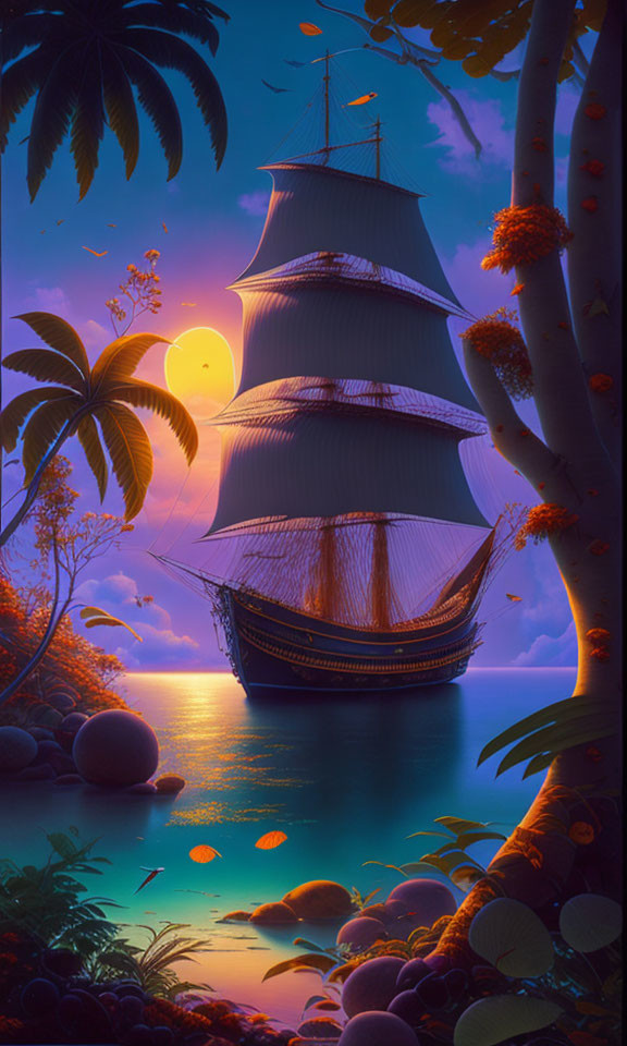 Tall ship sailing at sunset with tropical flora and colorful ocean