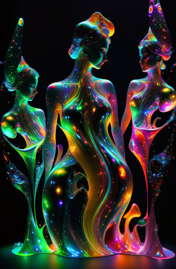 Colorful Abstract Figures: Vibrant, Luminescent Women Shapes