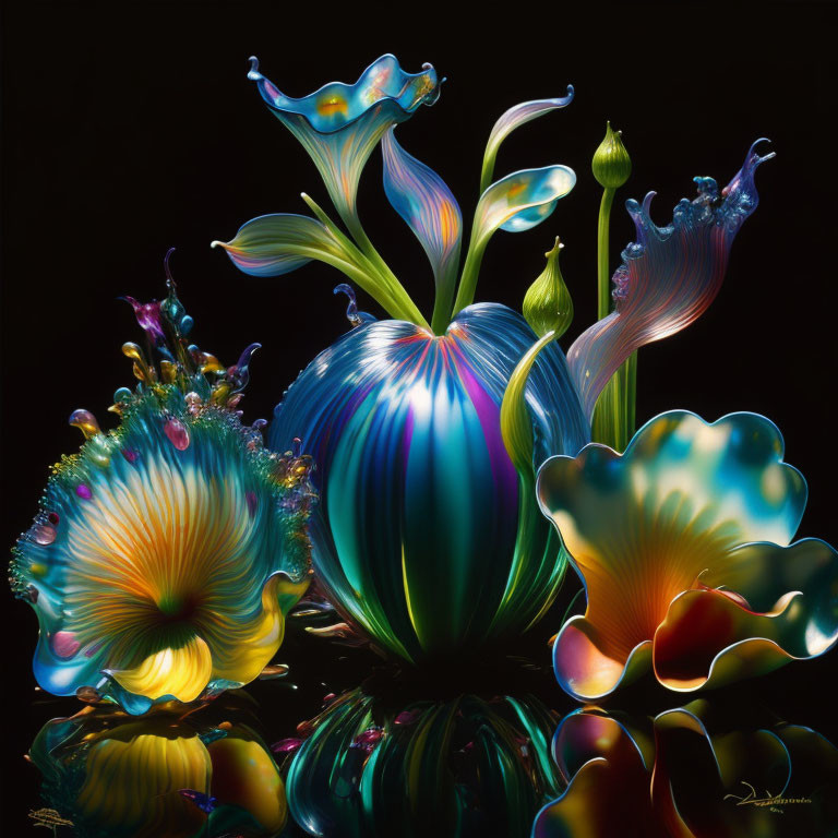 Iridescent Glass Sculpture of Flowers and Plants on Reflective Black Surface